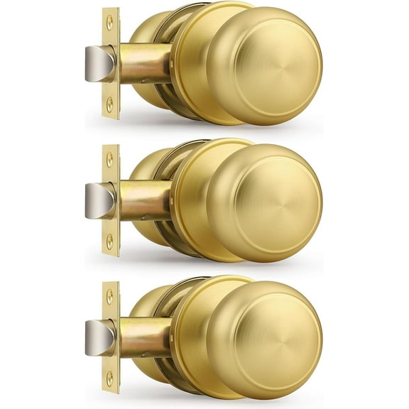 Interior Door Knob for Hallway, Gold Door Knobs Closet Door Knob, Brushed Brass Passage Door Knob with Round Ball Knob, 3 Pack