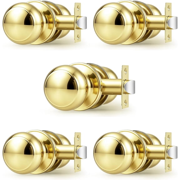Interior Door Knobs for Closet Hallway, Polished Brass Passage Door Lock Keyless Gold Door Knob Round Ball Knob, 5 Pack