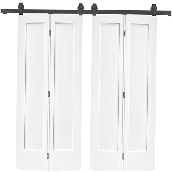 Interior Double Bi-Fold White MDF Door Set 72 x 80 Inch with Sliding Track and Full Hardware Kit
