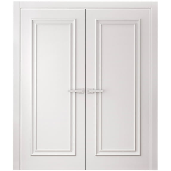 Interior Double Doors 56 x 80 inches | CLASSIC 1189 White Enamel | Wood Interior Solid Panel Frame | Closet Bedroom Doors
