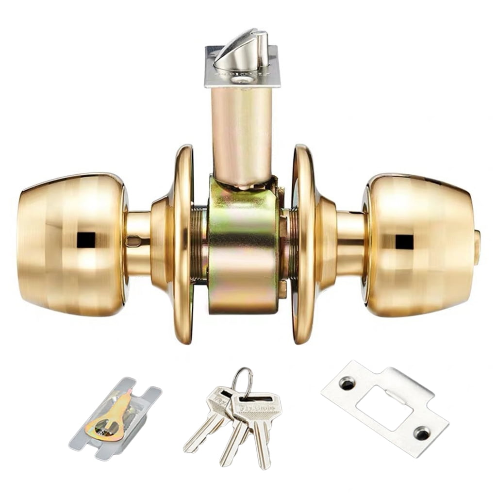 Interior Exterior Keyed Entry Door Knob Shape with Adjustable Latches & polishes Brass Finish Front Entrance Lock
