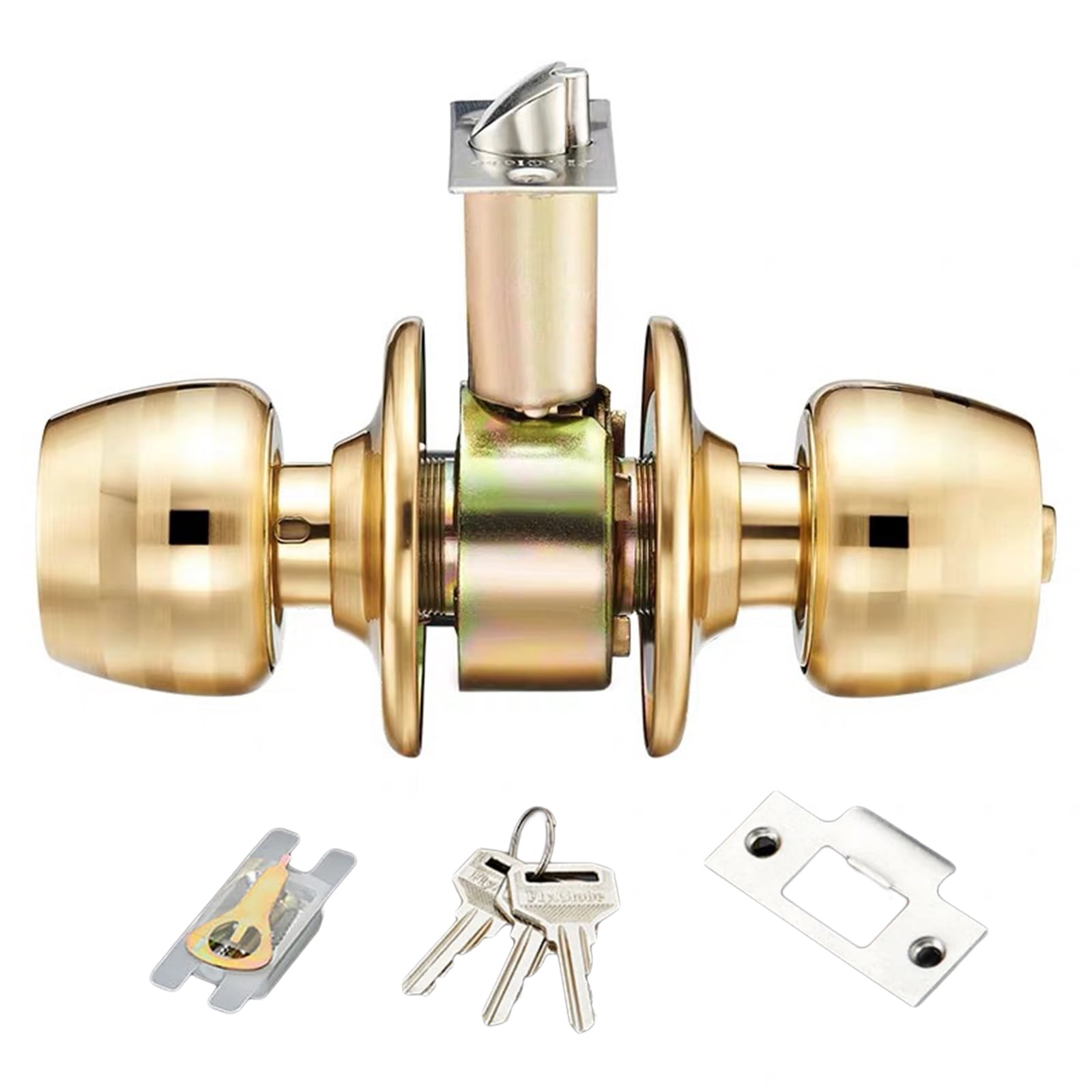 Interior Exterior Keyed Entry Door Knob Shape with Adjustable Latches & polishes Brass Finish Front Entrance Lock
