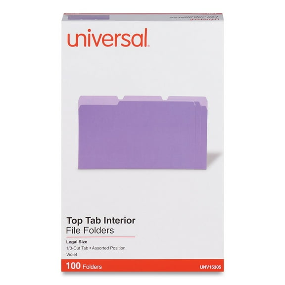 Universal UNV15305 11-pt Stock Interior File Folders with 1/3-Cut Assorted Tabs - Legal, Violet (100/Box)