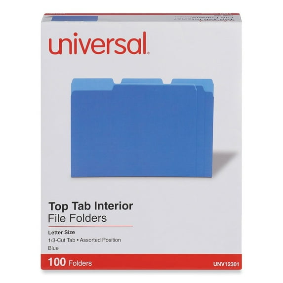 Universal UNV12301 1/3-Cut Assorted Tab Interior File Folders - Letter Size, Blue (100/Box)