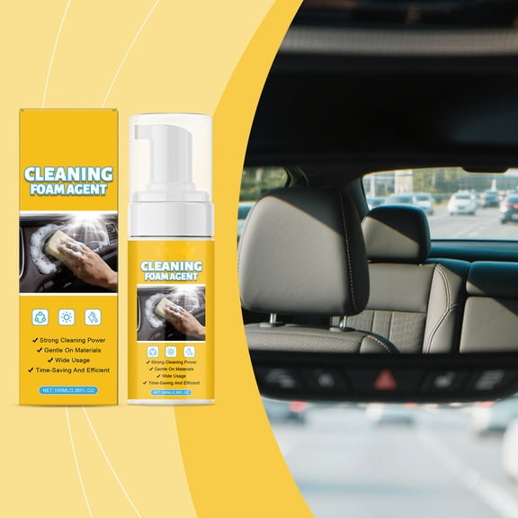 Interior Foam Cleaner 100ml, Upholstery and Console Stain Remover with Built-In Brush, pH-Balanced Brightening Formula for Fabric Leather Vinyl, Non-Sticky Daily Detailing