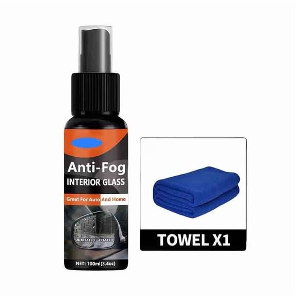 Interior Glass Spray Agent with Microfiber Towel Long-Lasting Defogger for Car Windshields Mirrors Windows and Home Use 100ml