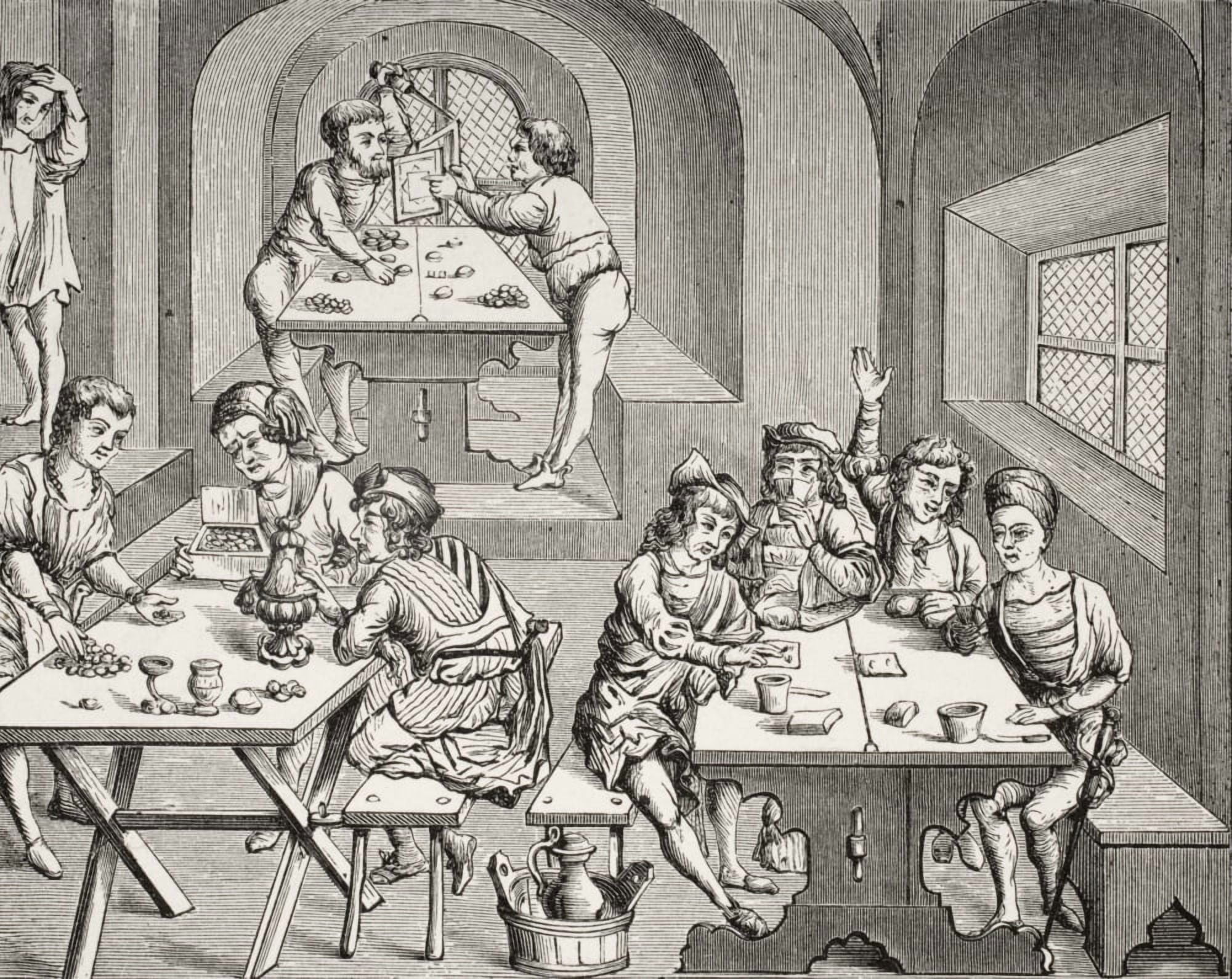 Interior Of An Hostelry 19Th Century Reproduction Of A Woodcut In A Folio Edition Of Virgil Published In Lyons 1517 Canvas Art - Ken Welsh Design Pics (34 x 26)