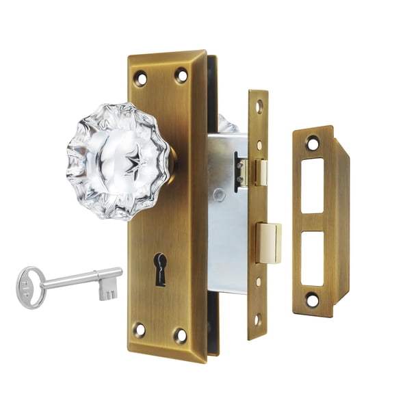 Interior Mortise Lock Set Antique Brass Crystal Glass Knobs with Skeleton Key