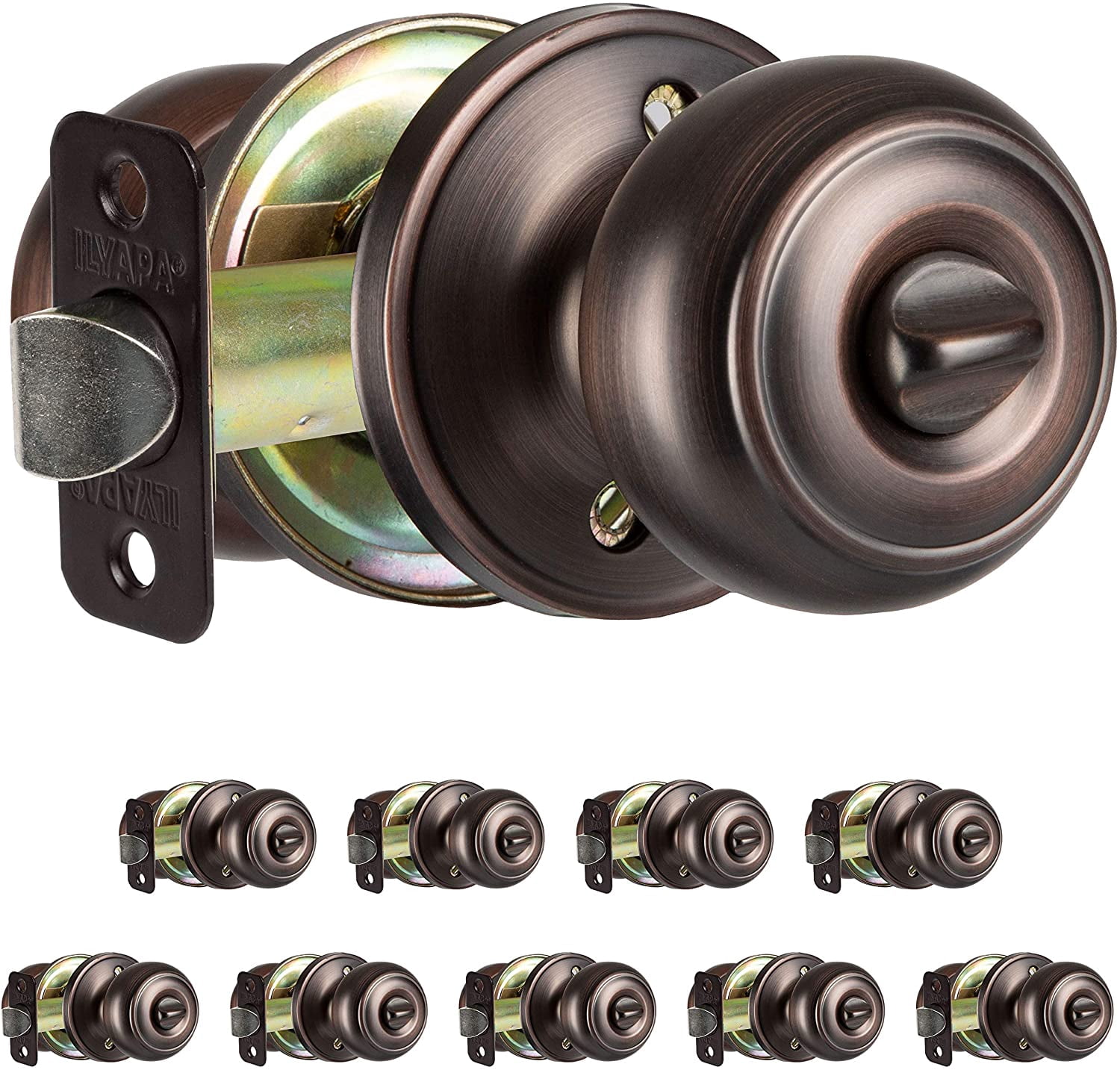 Interior Privacy Door knob - Keyless Locking Door Handles for Bedroom and Bathroom - Improved Oil Rubbed Bronze Finish - (10 Pack)