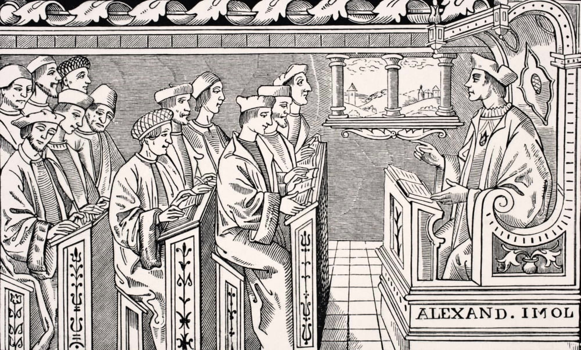 Interior Of A Sixteenth Century School From Science And Literature In The Middle Ages By Paul Lacroix Published London 1878 Canvas Art - Ken Welsh Design Pics (18 x 11)