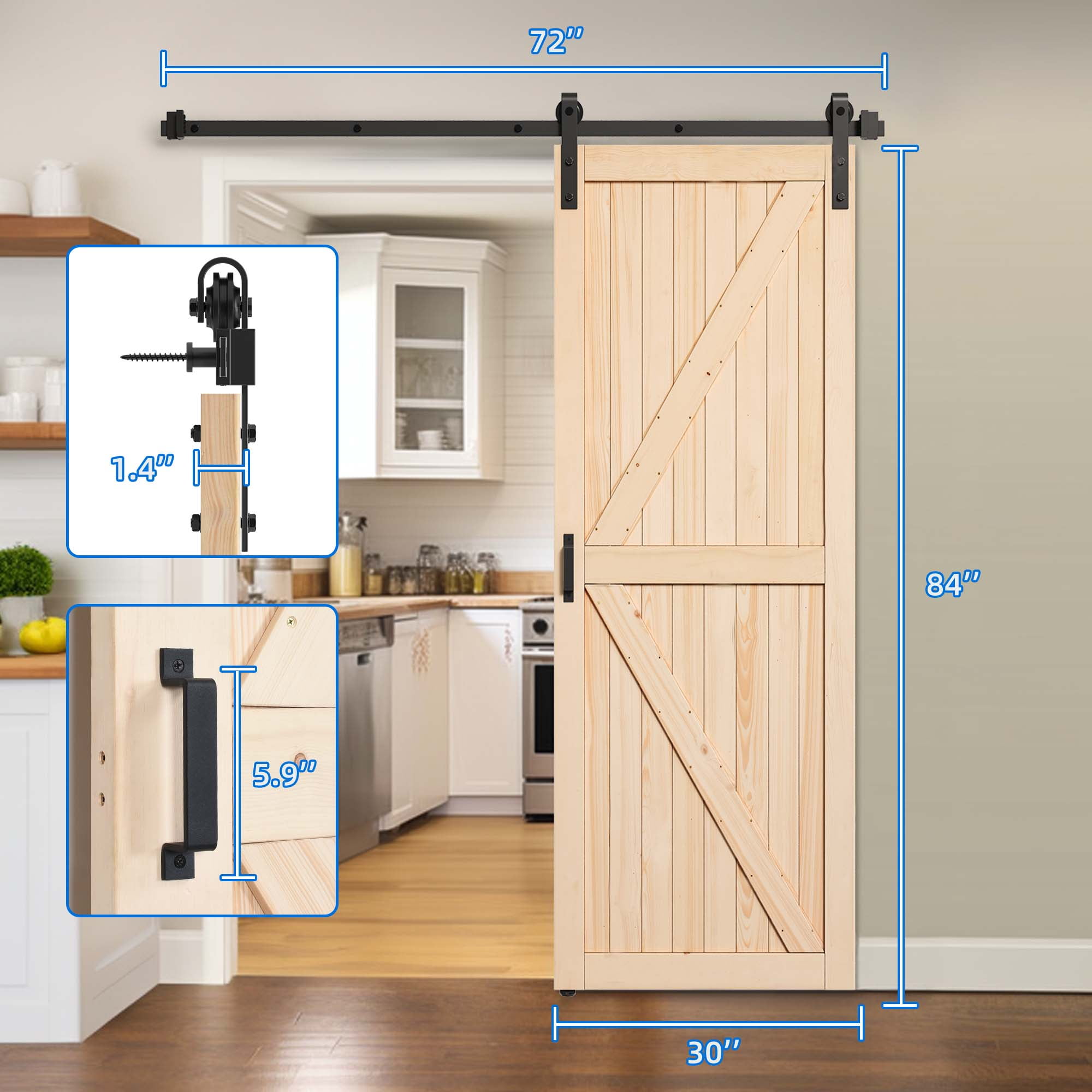 Interior Sliding Barn Door, 30" x 84" Barn Door with Hardware Kit and Handle, Natural