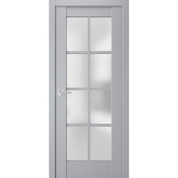 Interior Solid French Door Frosted Glass | Veregio 7412 Matte Grey | Single Regular Panel Frame Trims Handle | Bathroom Bedroom Sturdy Doors -24" x 96"