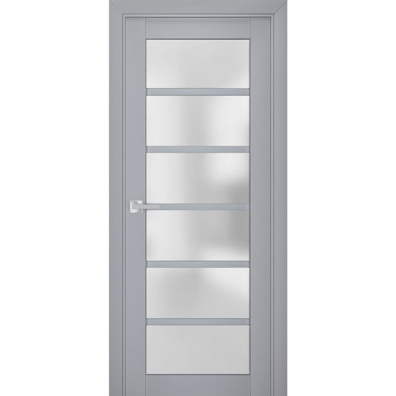 Interior Solid French Door Frosted Glass | Veregio 7602 Matte Grey | Single Regular Panel Frame Trims Handle | Bathroom Bedroom Sturdy Doors -32" x 96"