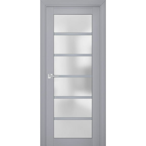 Interior Solid French Door Frosted Glass | Veregio 7602 Matte Grey | Single Regular Panel Frame Trims Handle | Bathroom Bedroom Sturdy Doors -36" x 84"