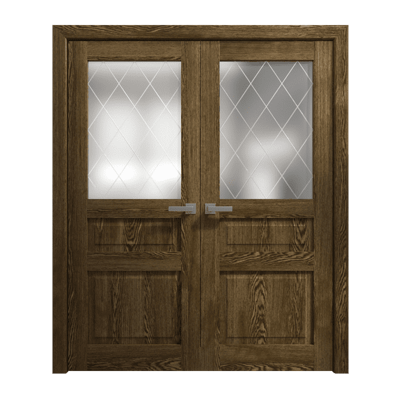 Interior Solid French Double Doors 36 x 80 inches | Ego 5011 Marble Oak | Wood Interior Solid Panel Frame | Closet Bedroom Modern Doors