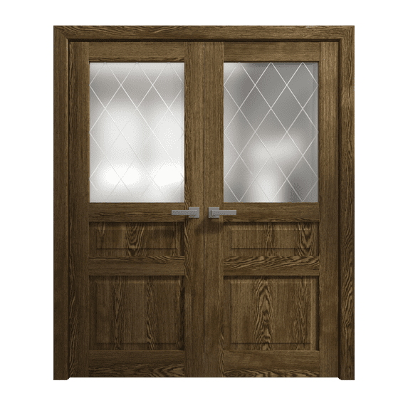 Interior Solid French Double Doors 36 x 84 inches | Ego 5011 Marble Oak | Wood Interior Solid Panel Frame | Closet Bedroom Modern Doors