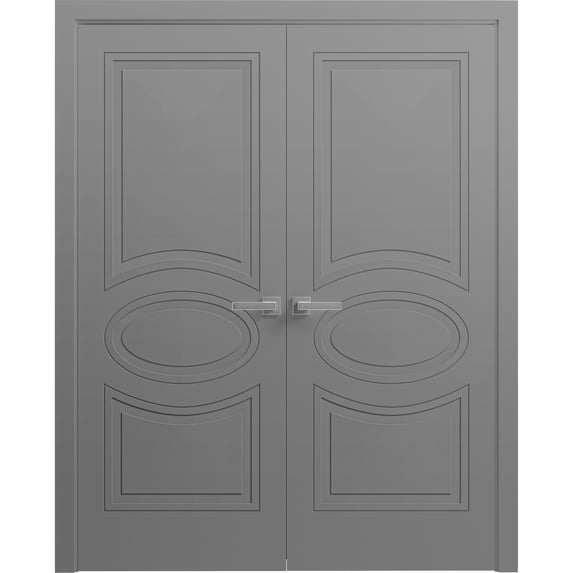 Interior Solid French Double Doors 36 x 96 inches / Mela 7001 Painted Grey / Wood Interior Solid Panel Frame / Closet Bedroom Modern Doors