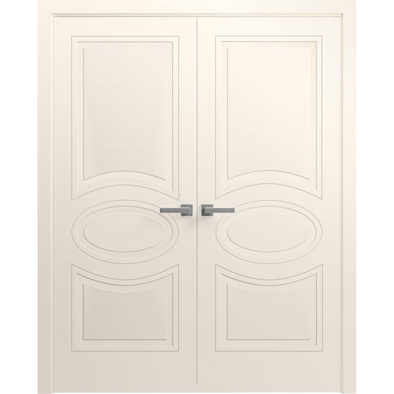 Interior Solid French Double Doors 48 x 84 inches / Mela 7001 Painted Creamy / Wood Interior Solid Panel Frame / Closet Bedroom Modern Doors
