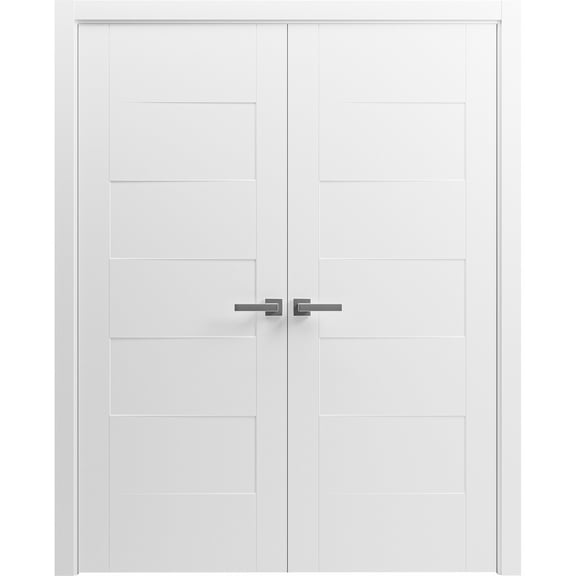Interior Solid French Double Doors 56 x 80 inches / Mela 0755 Painted White / Wood Interior Solid Panel Frame / Closet Bedroom Modern Doors
