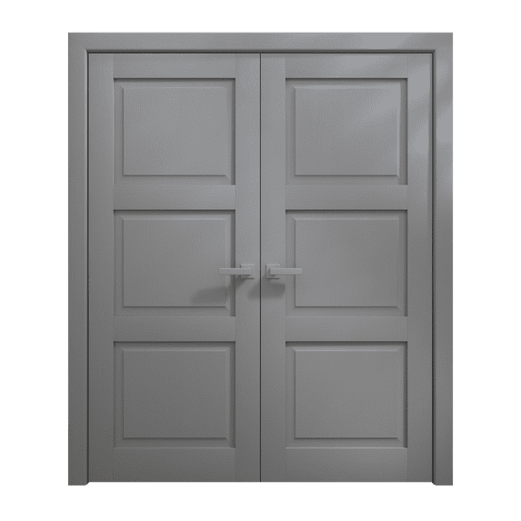 Interior Solid French Double Doors 64 x 96 inches | Ego 5010 Painted Grey Oak | Wood Interior Solid Panel Frame | Closet Bedroom Modern Doors