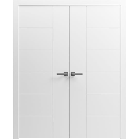 Interior Solid French Double Doors 84 x 84 inches / Mela 0716 Painted White / Wood Interior Solid Panel Frame / Closet Bedroom Modern Doors