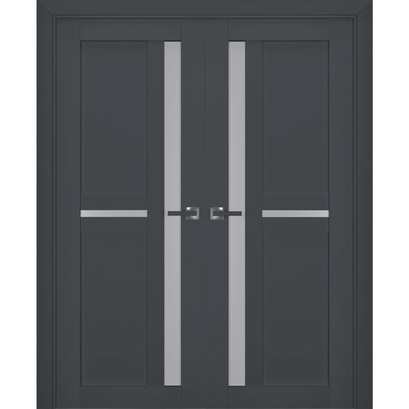Interior Solid French Double Doors Frosted Glass | Veregio 7288 Antracite | Wood Solid Panel Frame Trims | Closet Bedroom Sturdy Doors -48" x 80" (2* 24x80)
