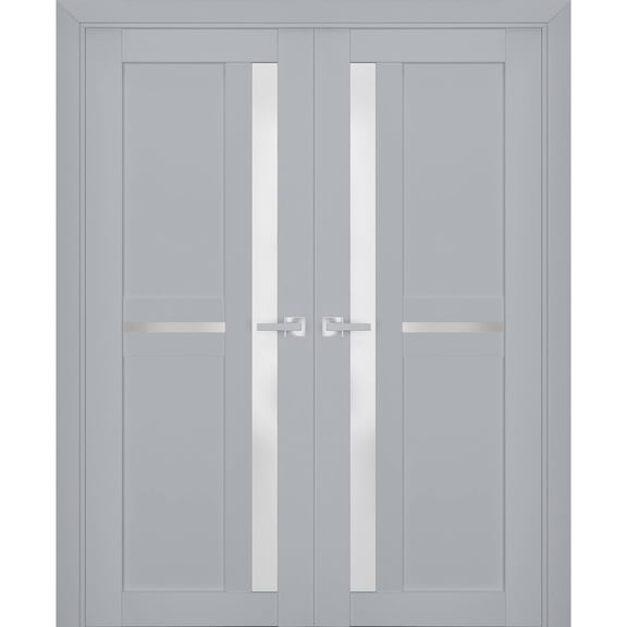 Interior Solid French Double Doors Frosted Glass | Veregio 7288 Matte Grey | Wood Solid Panel Frame Trims | Closet Bedroom Sturdy Doors -36" x 80" (2* 18x80)
