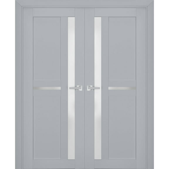 Interior Solid French Double Doors Frosted Glass | Veregio 7288 Matte Grey | Wood Solid Panel Frame Trims | Closet Bedroom Sturdy Doors -84" x 84" (2* 42x84)