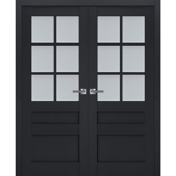 Interior Solid French Double Doors Frosted Glass | Veregio 7339 Antracite | Wood Solid Panel Frame Trims | Closet Bedroom Sturdy Doors -48" x 80" (2* 24x80)
