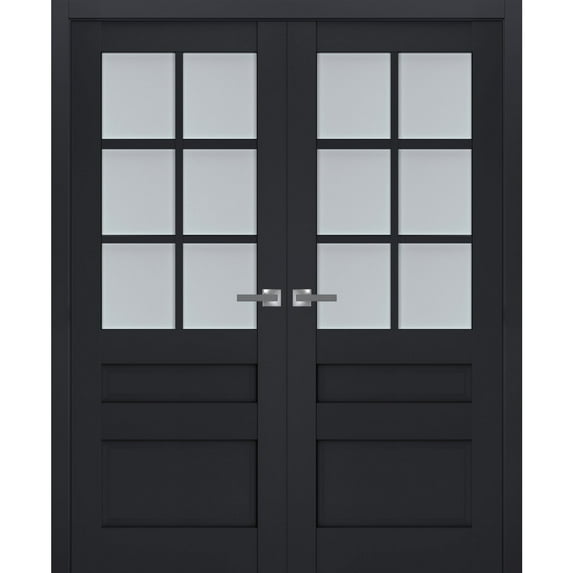 Interior Solid French Double Doors Frosted Glass | Veregio 7339 Antracite | Wood Solid Panel Frame Trims | Closet Bedroom Sturdy Doors -64" x 80" (2* 32x80)