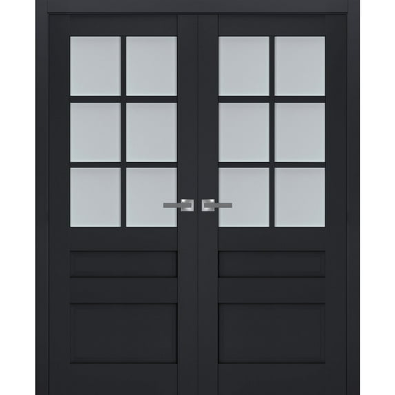 Interior Solid French Double Doors Frosted Glass | Veregio 7339 Antracite | Wood Solid Panel Frame Trims | Closet Bedroom Sturdy Doors -36" x 84" (2* 18x84)