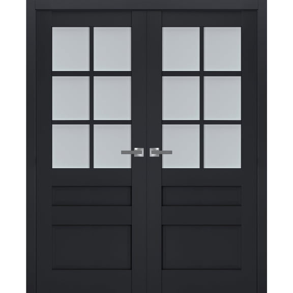 Interior Solid French Double Doors Frosted Glass | Veregio 7339 Antracite | Wood Solid Panel Frame Trims | Closet Bedroom Sturdy Doors -36" x 84" (2* 18x84)