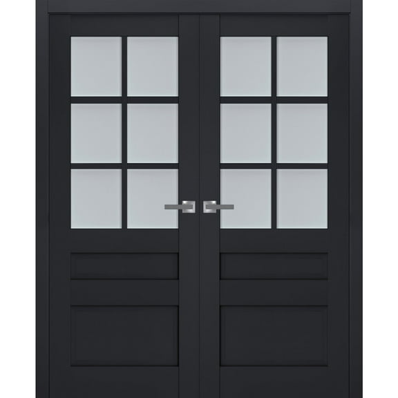 Interior Solid French Double Doors Frosted Glass | Veregio 7339 Antracite | Wood Solid Panel Frame Trims | Closet Bedroom Sturdy Doors -72" x 84" (2* 36x84)