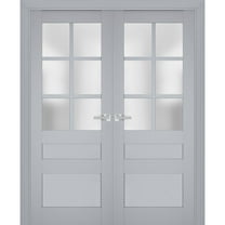 Interior Solid French Double Doors Frosted Glass | Veregio 7339 Matte Grey | Wood Solid Panel Frame Trims | Closet Bedroom Sturdy Doors -36" x 84" (2* 18x84)