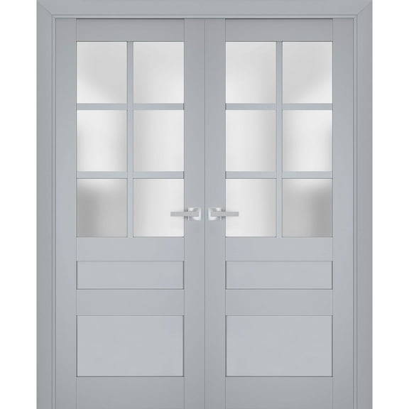 Interior Solid French Double Doors Frosted Glass | Veregio 7339 Matte Grey | Wood Solid Panel Frame Trims | Closet Bedroom Sturdy Doors -36" x 84" (2* 18x84)