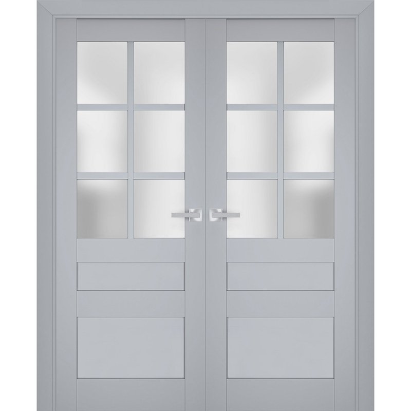 Interior Solid French Double Doors Frosted Glass | Veregio 7339 Matte Grey | Wood Solid Panel Frame Trims | Closet Bedroom Sturdy Doors -36" x 84" (2* 18x84)