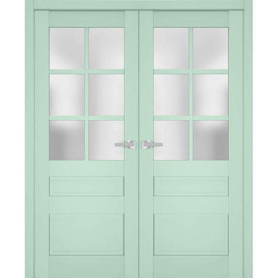 Interior Solid French Double Doors Frosted Glass | Veregio 7339 Oliva | Wood Solid Panel Frame Trims | Closet Bedroom Sturdy Doors -48" x 96" (2* 24x96)