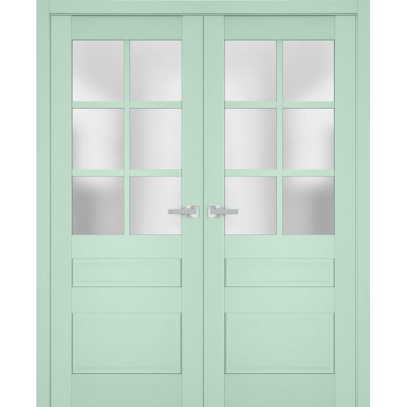Interior Solid French Double Doors Frosted Glass | Veregio 7339 Oliva | Wood Solid Panel Frame Trims | Closet Bedroom Sturdy Doors -84" x 84" (2* 42x84)