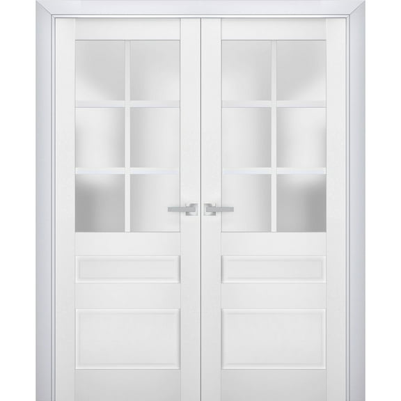 Interior Solid French Double Doors Frosted Glass | Veregio 7339 White Silk | Wood Solid Panel Frame Trims | Closet Bedroom Sturdy Doors -84" x 84" (2* 42x84)