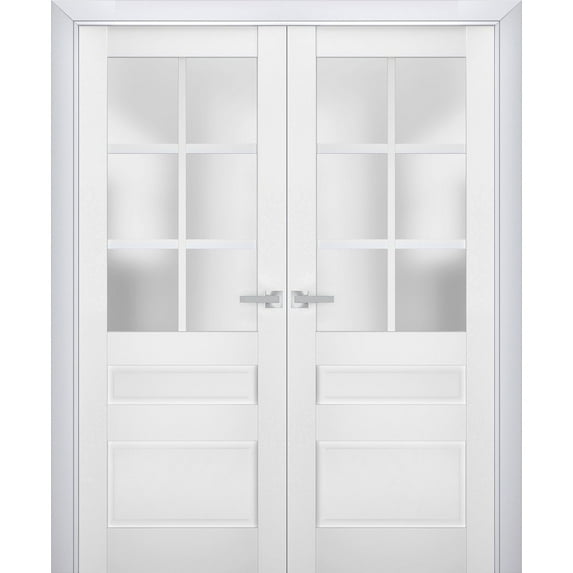 Interior Solid French Double Doors Frosted Glass | Veregio 7339 White Silk | Wood Solid Panel Frame Trims | Closet Bedroom Sturdy Doors -36" x 84" (2* 18x84)