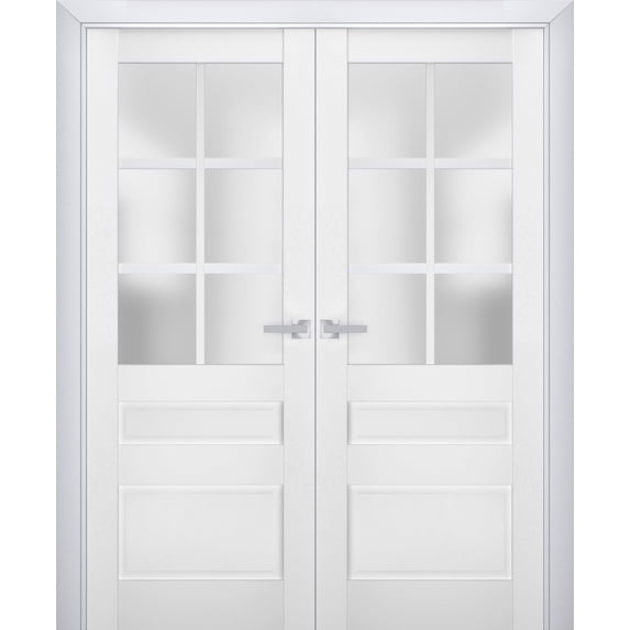 Interior Solid French Double Doors Frosted Glass | Veregio 7339 White Silk | Wood Solid Panel Frame Trims | Closet Bedroom Sturdy Doors -64" x 96" (2* 32x96)