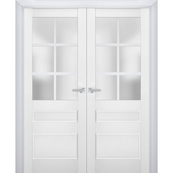Interior Solid French Double Doors Frosted Glass | Veregio 7339 White Silk | Wood Solid Panel Frame Trims | Closet Bedroom Sturdy Doors -72" x 96" (2* 36x96)