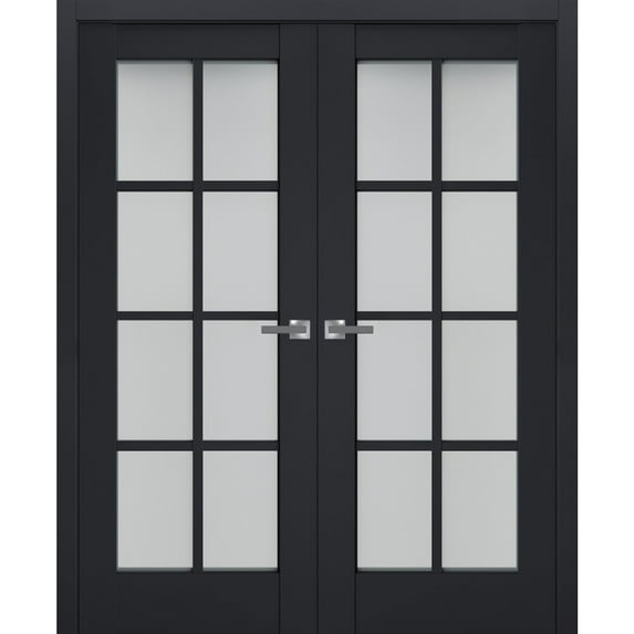 Interior Solid French Double Doors Frosted Glass | Veregio 7412 Antracite | Wood Solid Panel Frame Trims | Closet Bedroom Sturdy Doors -84" x 84" (2* 42x84)