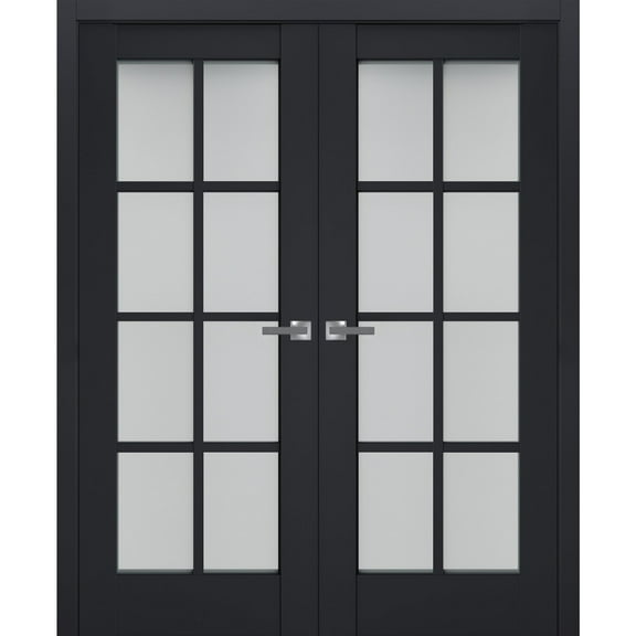 Interior Solid French Double Doors Frosted Glass | Veregio 7412 Antracite | Wood Solid Panel Frame Trims | Closet Bedroom Sturdy Doors -84" x 84" (2* 42x84)