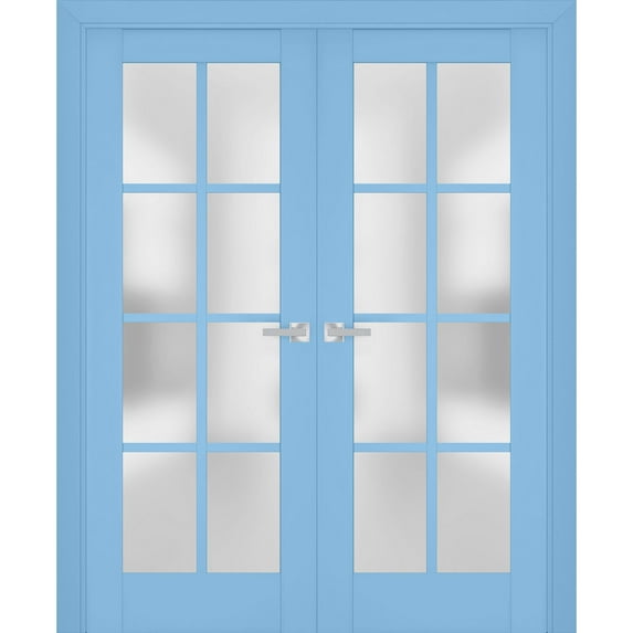 Interior Solid French Double Doors Frosted Glass | Veregio 7412 Aquamarine | Wood Solid Panel Frame Trims | Closet Bedroom Sturdy Doors -36" x 80" (2* 18x80)