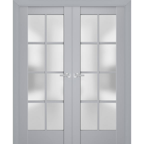 Interior Solid French Double Doors Frosted Glass | Veregio 7412 Matte Grey | Wood Solid Panel Frame Trims | Closet Bedroom Sturdy Doors -36" x 84" (2* 18x84)