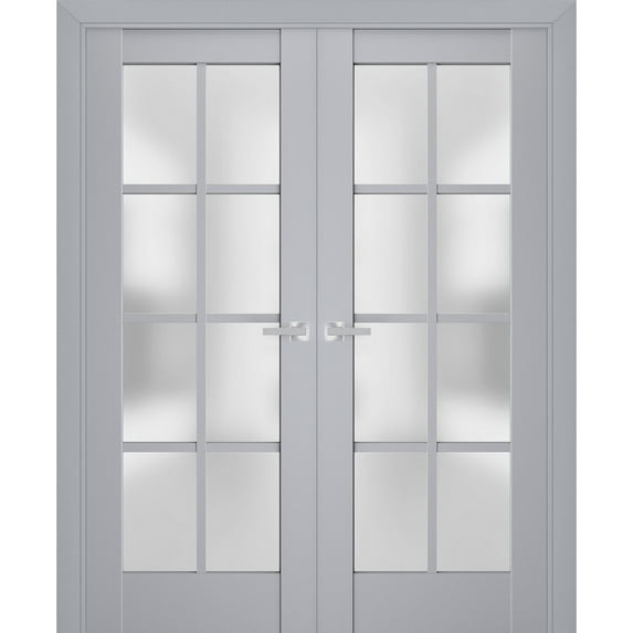 Interior Solid French Double Doors Frosted Glass | Veregio 7412 Matte Grey | Wood Solid Panel Frame Trims | Closet Bedroom Sturdy Doors -56" x 96" (2* 28x96)