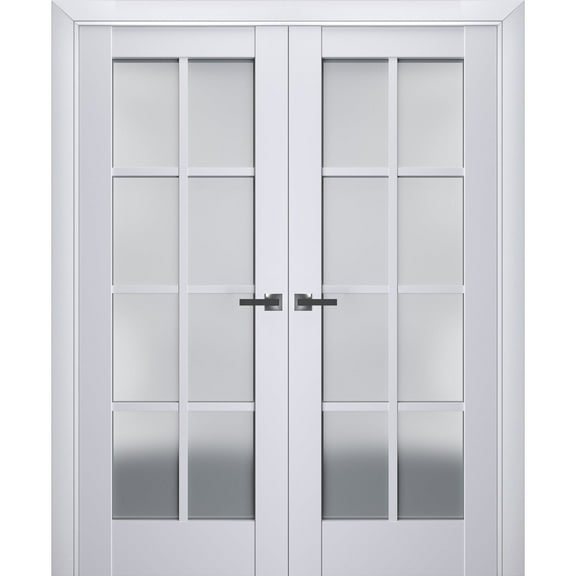 Interior Solid French Double Doors Frosted Glass | Veregio 7412 White Silk | Wood Solid Panel Frame Trims | Closet Bedroom Sturdy Doors -36" x 84" (2* 18x84)
