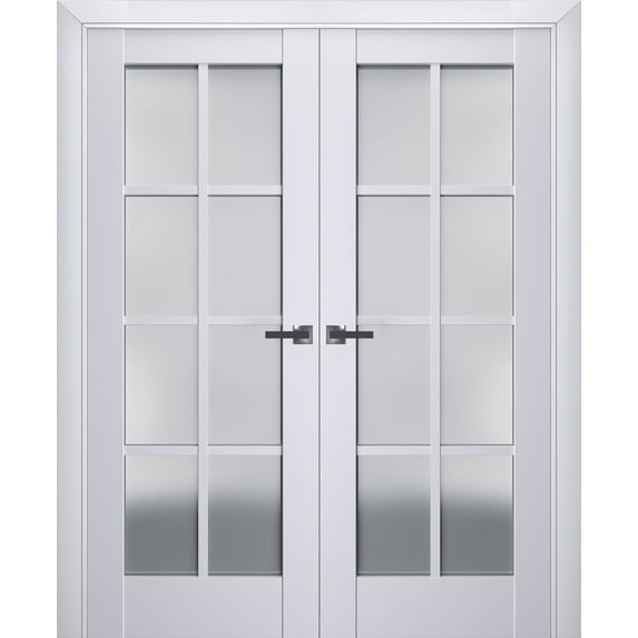 Interior Solid French Double Doors Frosted Glass | Veregio 7412 White Silk | Wood Solid Panel Frame Trims | Closet Bedroom Sturdy Doors -36" x 84" (2* 18x84)