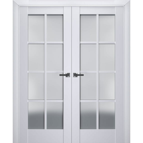 Interior Solid French Double Doors Frosted Glass | Veregio 7412 White Silk | Wood Solid Panel Frame Trims | Closet Bedroom Sturdy Doors -64" x 96" (2* 32x96)